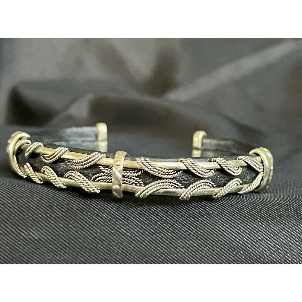 Vintage Leather & Metal Cuff Bracelet Silver Tone Woven Pattern 6 3/4"